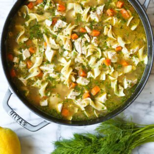 Pot of chicken noodle soup with orange carrots and dill