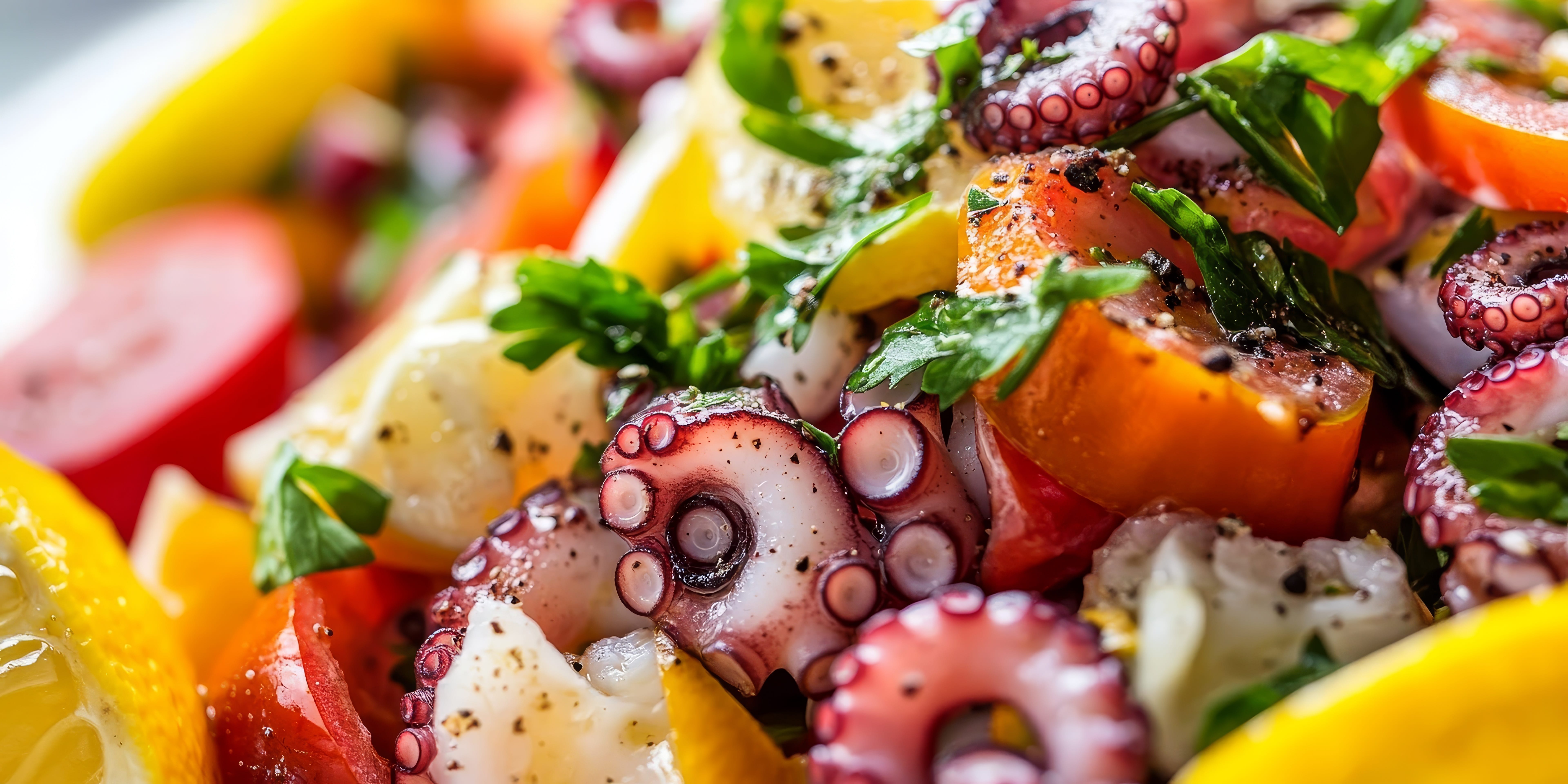 Close up shot of a fresh octopus salad, showcasing vibrant colors and textures, with a zesty lemon accent. This fresh octopus salad is a delightful dish for seafood lovers.