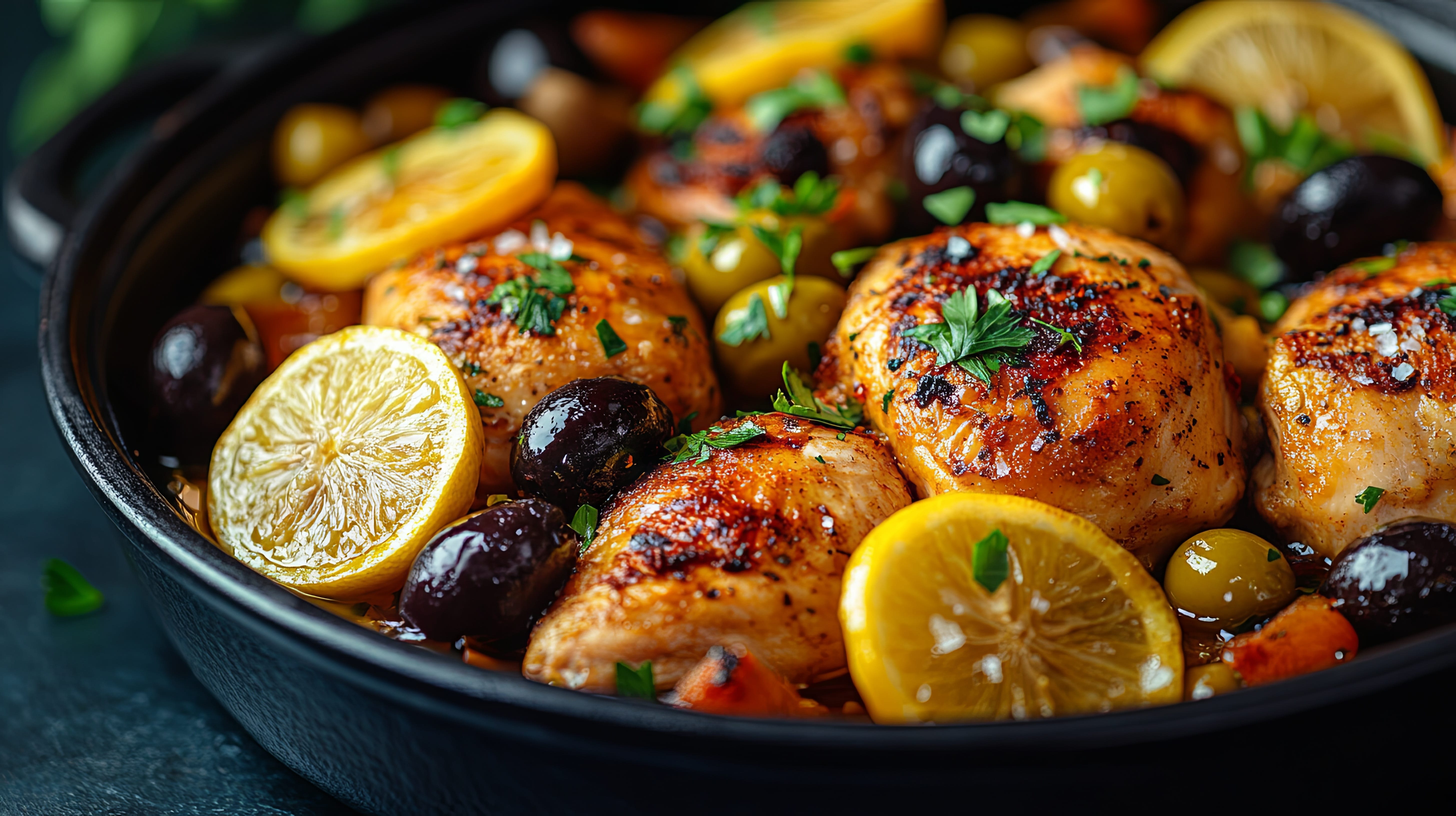 A classic Moroccan chicken tagine prepared with olives and preserved lemons, captured in selective focus